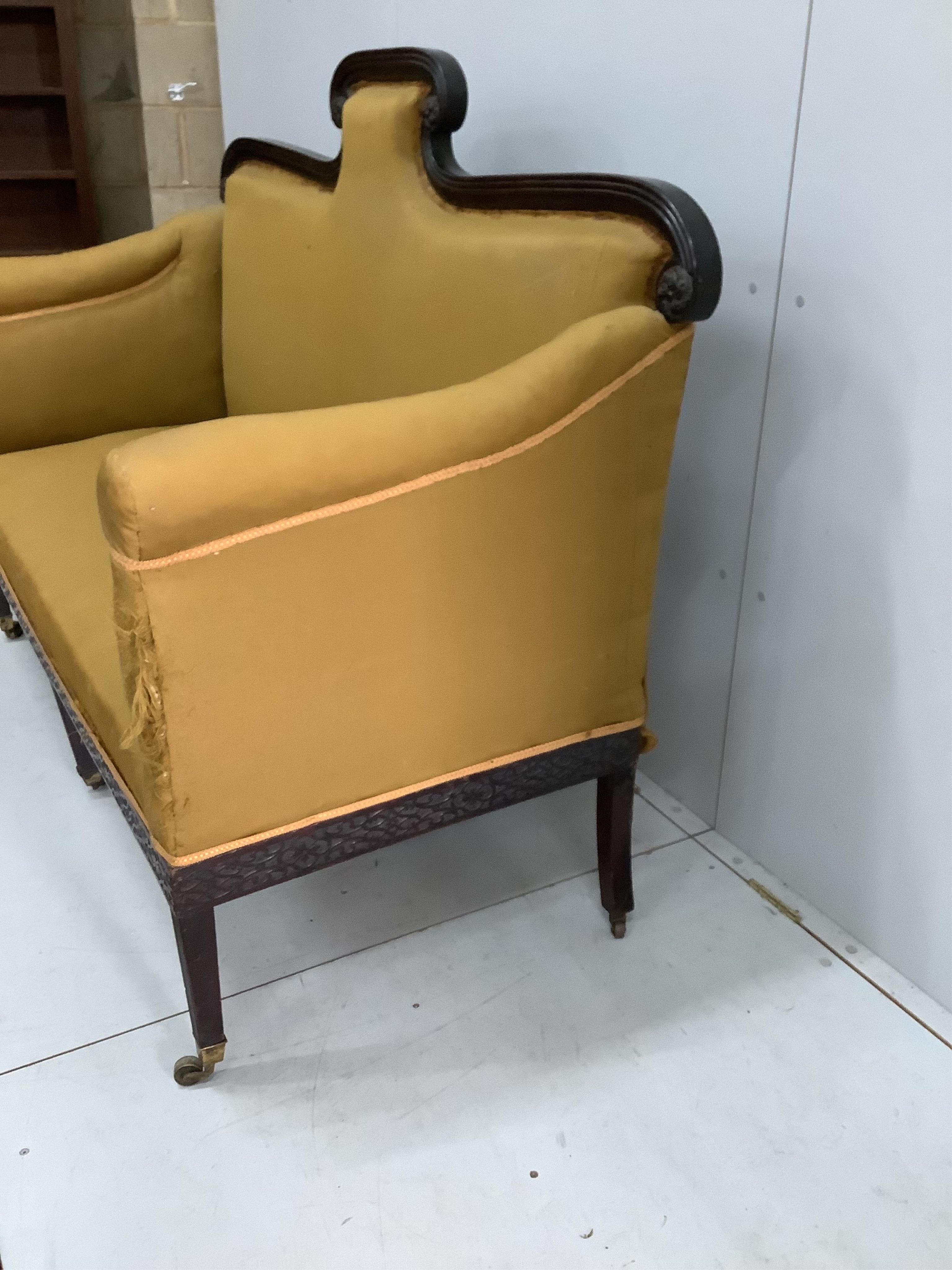 A George III mahogany settee, width 160cm, depth 70cm, height 116cm. Condition - fair